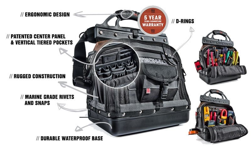 Schéma du fabricant présentant les caractéristiques d’un sac Veto Pro Pac : base rigide, poches verticales, anse articulée