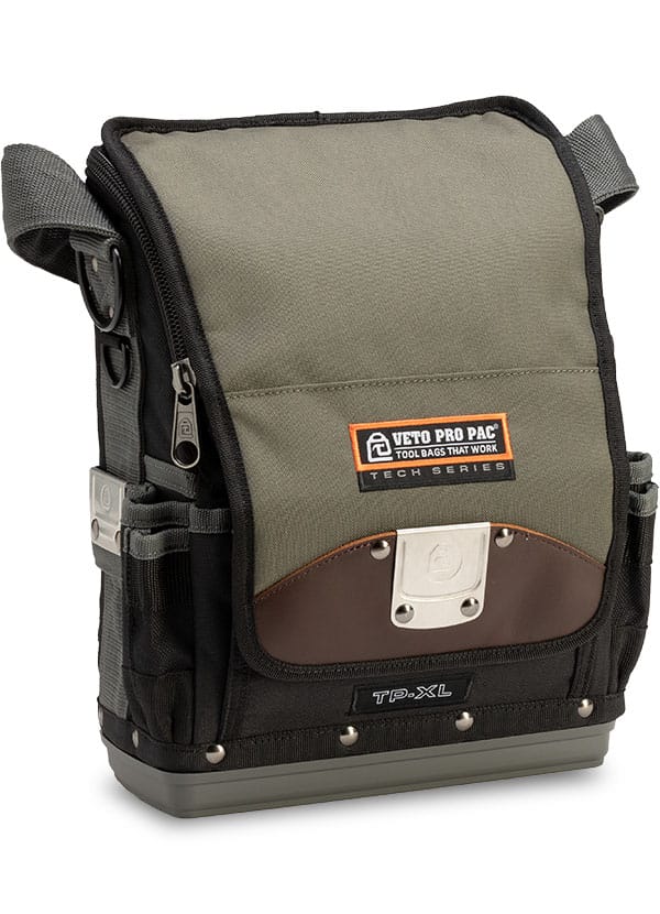Sac à outils Veto Pro Pac TP-XL posé au sol sur sa base rigide