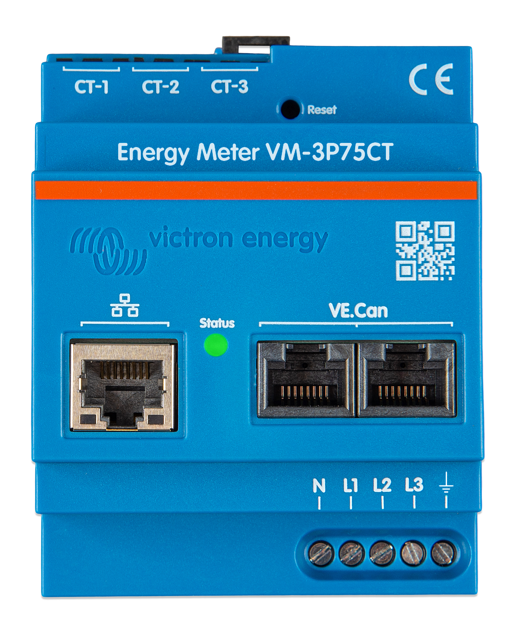 Un compteur d’énergie bleu Victron Energy modèle VM-3P75CT avec des ports de connexion et des borniers.