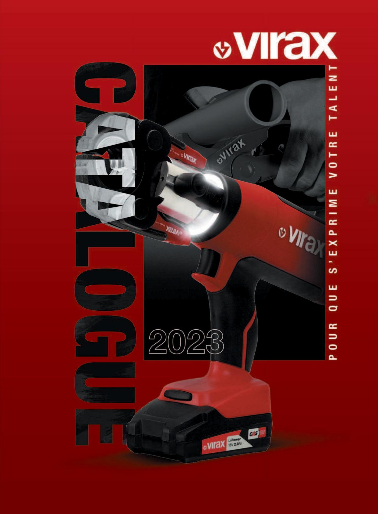 Couverture du catalogue Virax 2023 montrant une sertisseuse Viper rouge en action