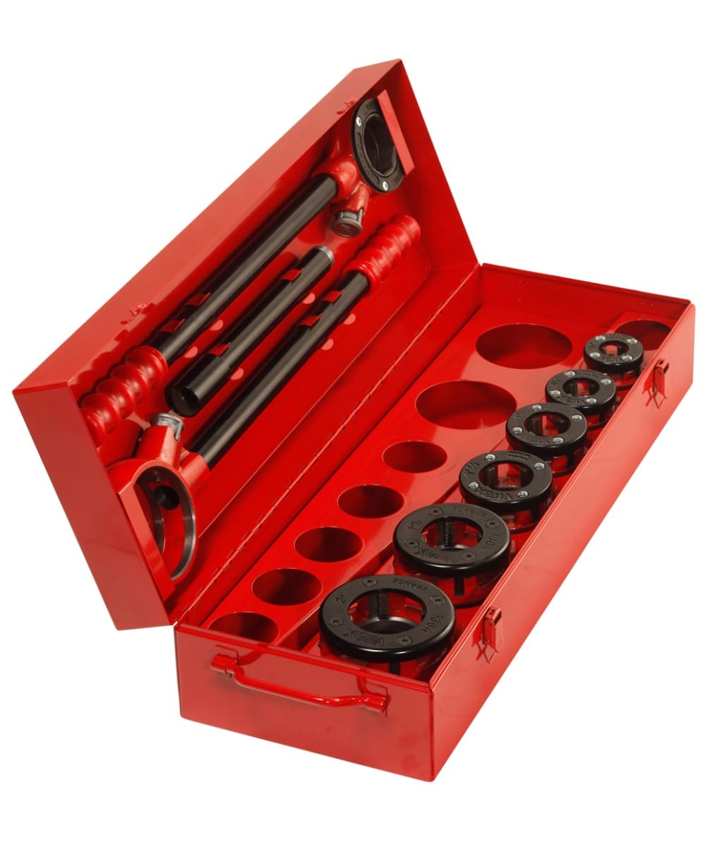 Coffret métallique rouge Virax ouvert avec filière manuelle, peignes de filetage et têtes interchangeables