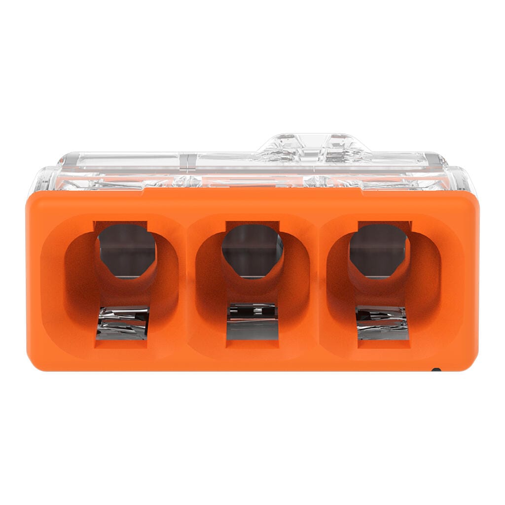 Face avant orange d'une borne WAGO 2273-203 montrant les trois entrées d'enfoncement direct