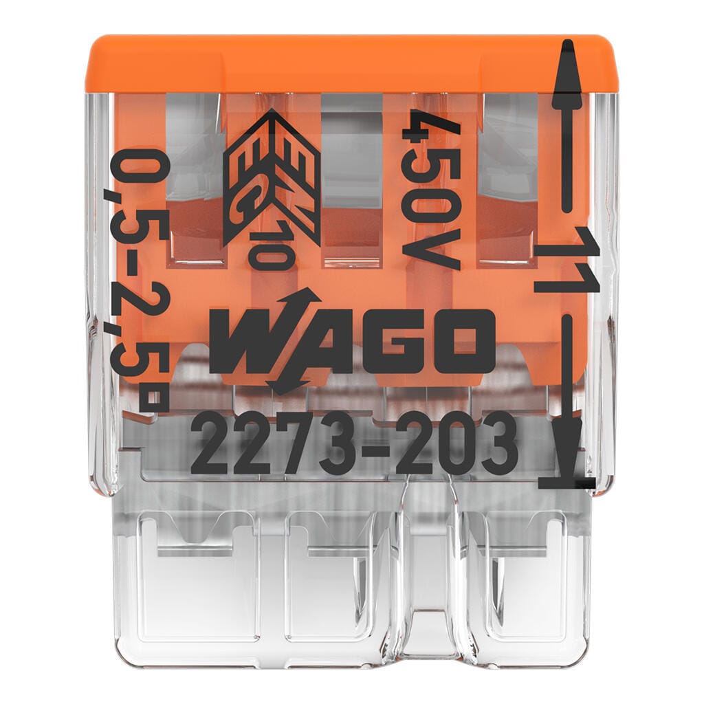 Marquage d'une borne WAGO 2273-203 indiquant 0,5 à 2,5 mm² rigide, 450 V et 11 mm de dénudage