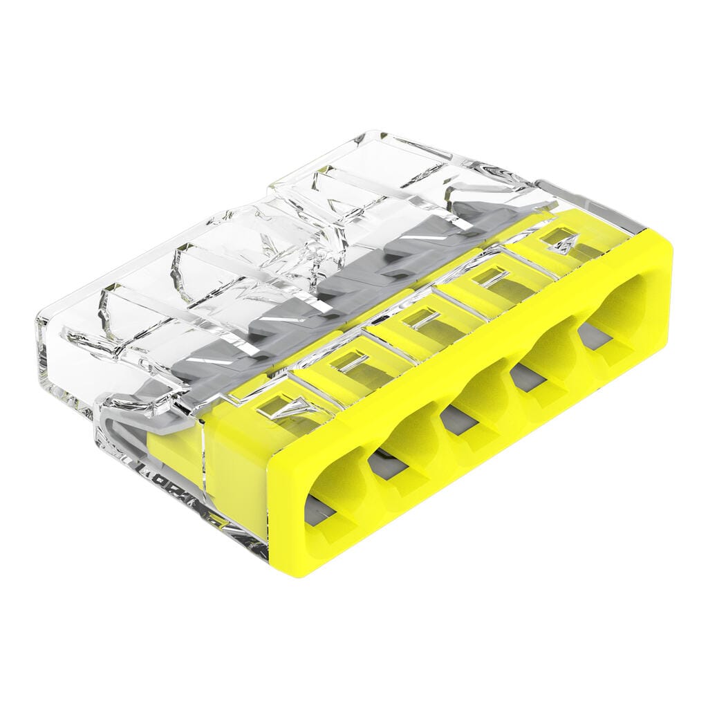 Connecteur Wago 2273 à cinq entrées, boîtier transparent et base jaune, pour conducteurs rigides