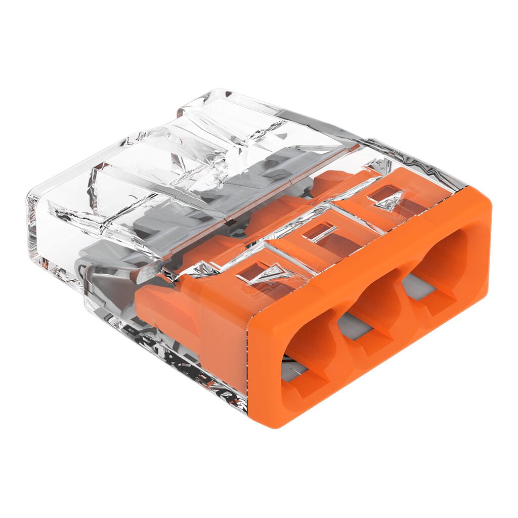 Connecteur Wago 2273 orange et transparent à trois entrées d'enfoncement direct