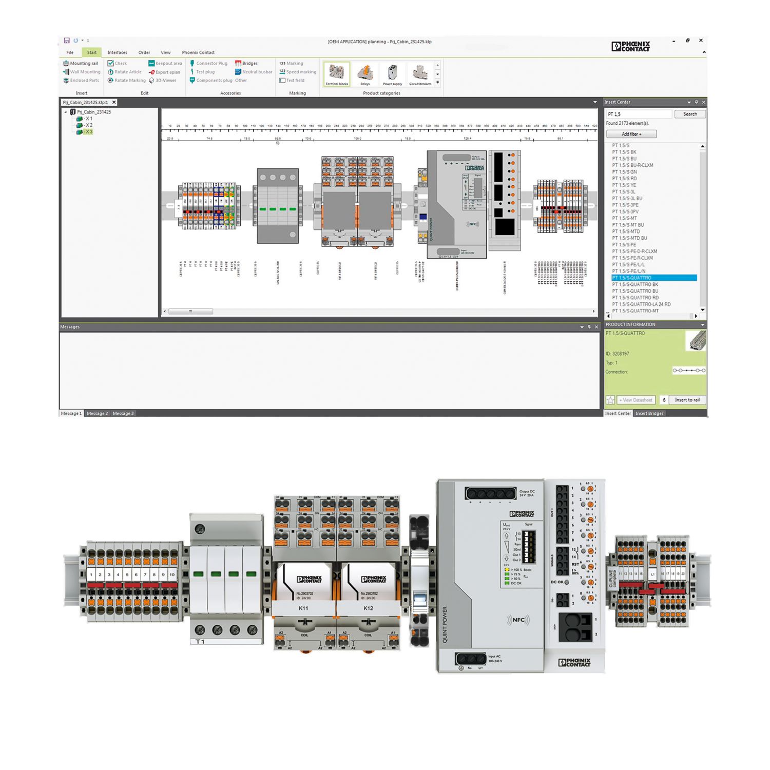 Interface du logiciel Phoenix Contact PROJECT complete montrant la conception d’un rail de borniers et des équipements d’armoire