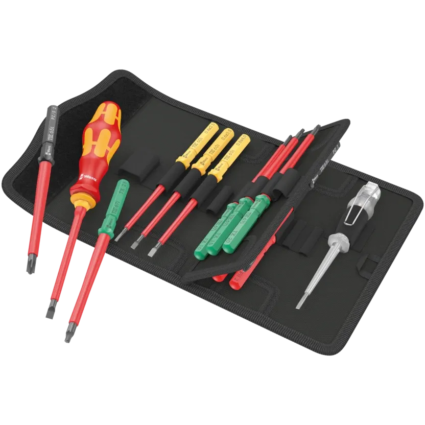 Trousse Wera Kraftform Kompakt VDE 16 ouverte avec manche porte-lame et lames isolées