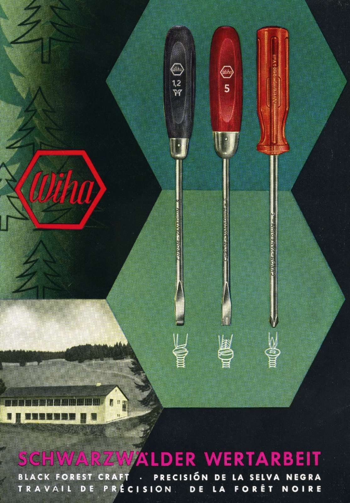Page de catalogue historique Wiha avec trois tournevis de couleurs différentes