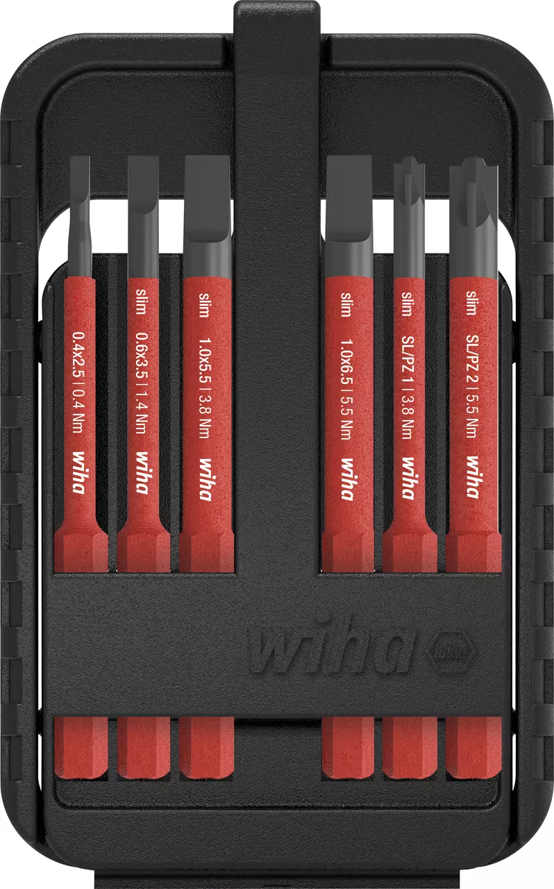 Coffret Wiha slimBit ouvert avec six lames isolées rangées verticalement