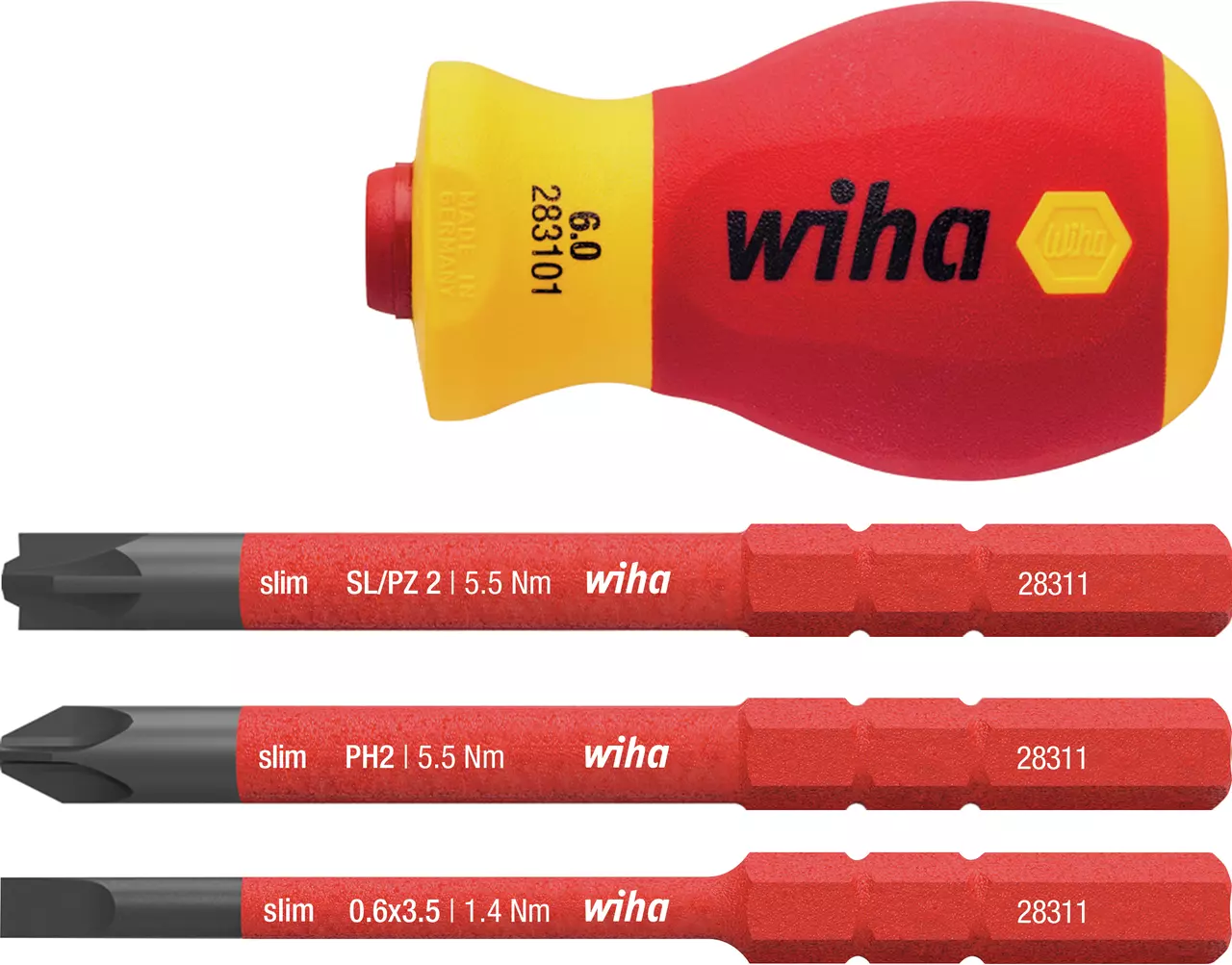 Manche Wiha Stubby slimVario avec trois slimBits isolés alignés