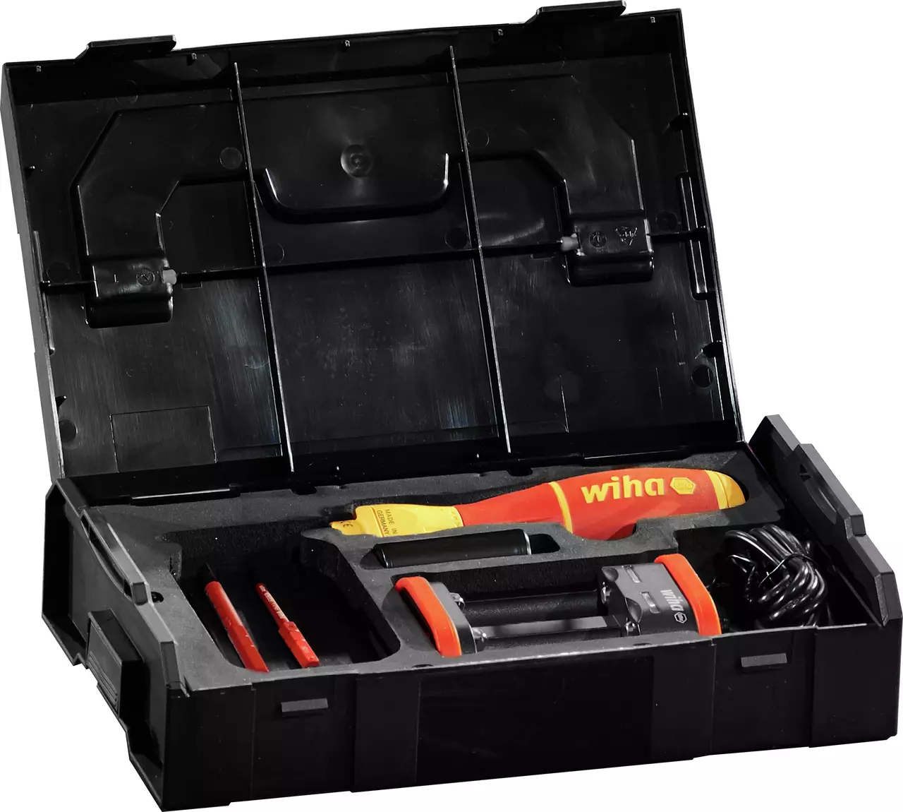 Coffret ouvert du Wiha speedE II avec manche, batteries, chargeur et embouts