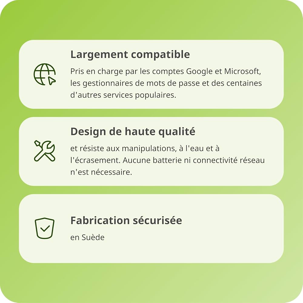 Infographie sur fond vert présentant trois caractéristiques clés dans des encarts blancs : compatibilité, design de haute qualité et fabrication sécurisée en Suède.