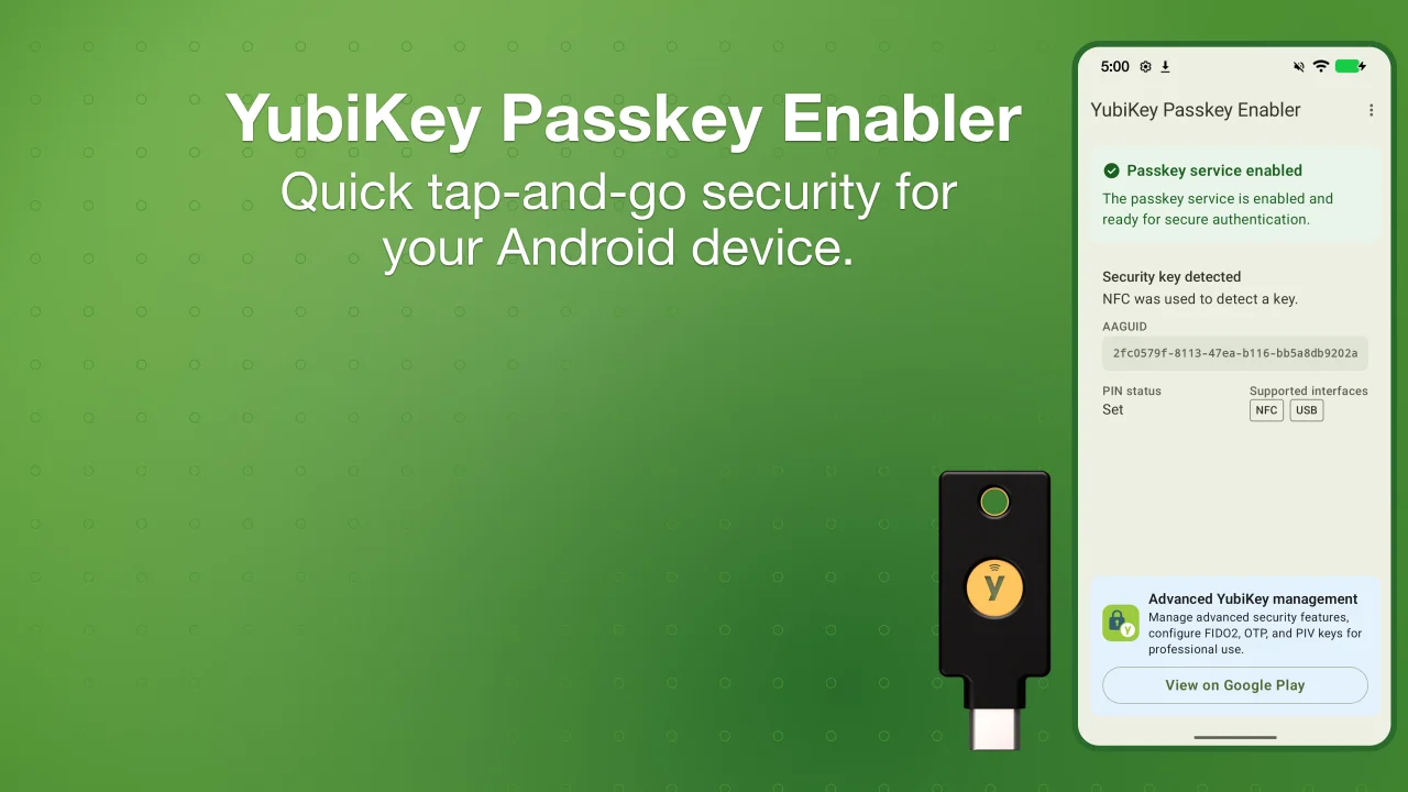 Publicité pour 'YubiKey Passkey Enabler' avec le texte 'Quick tap-and-go security for your Android device', montrant une YubiKey noire et une interface mobile de configuration