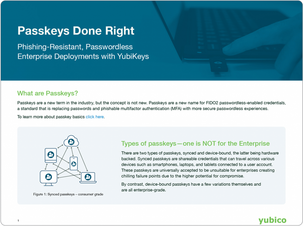 Page de document intitulée 'Passkeys Done Right - Phishing-Resistant, Passwordless Enterprise Deployments with YubiKeys' avec explications sur les types de passkeys et le logo Yubico
