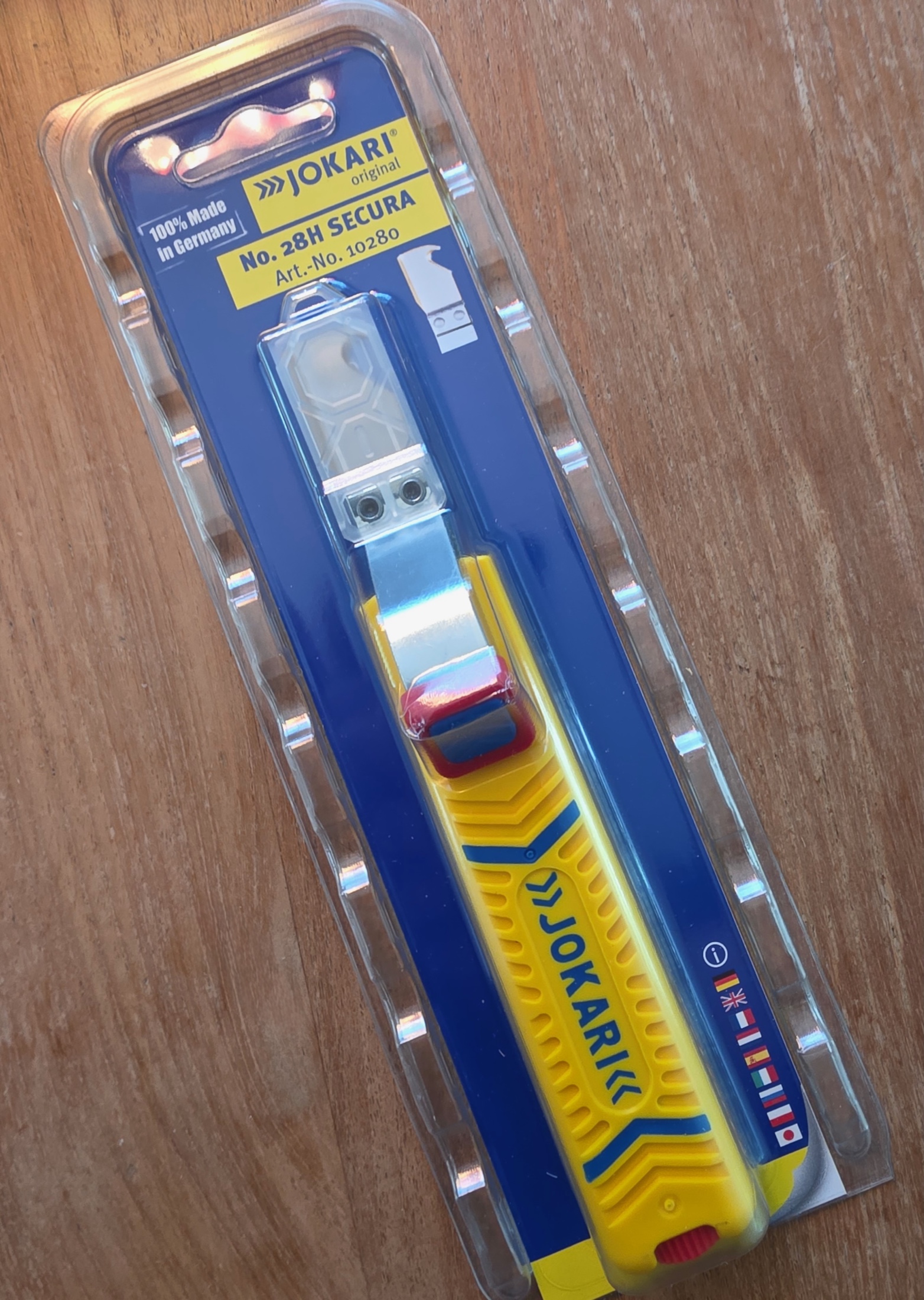 Blister bleu et jaune du dénudeur Jokari No. 28H Secura, référence 10280, made in Germany